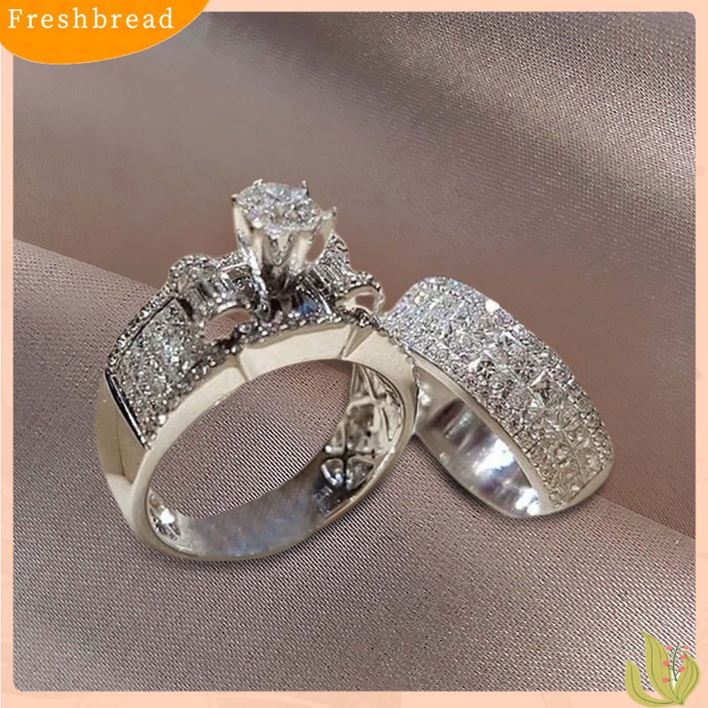 &lt; Freshbread &gt; 2Pcs/Set Lebar Sederhana Cincin Pasangan Paduan Bertatahkan Berlian Imitasi Bersinar Pernikahan Band Perhiasan Fashion