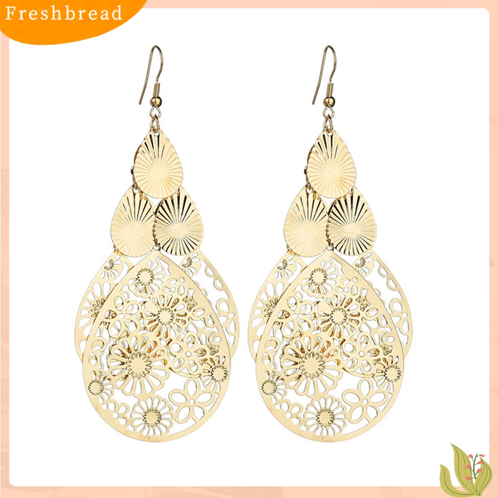 &lt; Freshbread &gt; 1pasang Anting Kait Berlebihan Retro Geometris Elegan Berongga Bunga Tetesan Air Liontin Wanita Menjuntai Anting Perhiasan Fashion