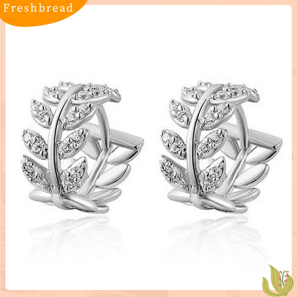 &lt; Freshbread &gt; Fashion Berlian Imitasi Daun Huggie Hoop Earrings Wanita Pesta Perjamuan Perhiasan Hadiah