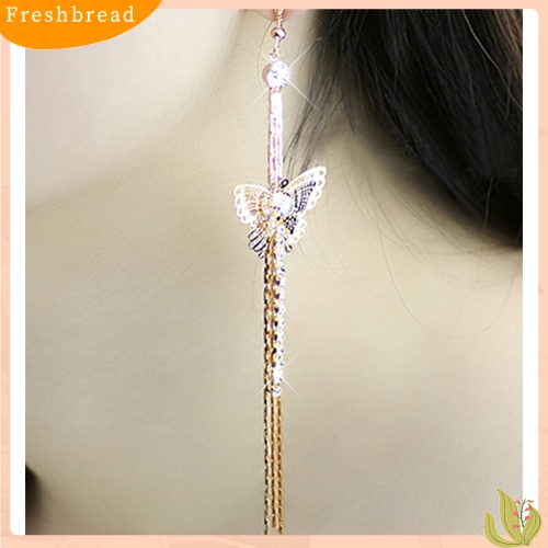 &lt; Freshbread &gt; Wanita Berlian Imitasi Kupu-Kupu Pesta Pernikahan Drop Jumbai Panjang Kait Linear Anting