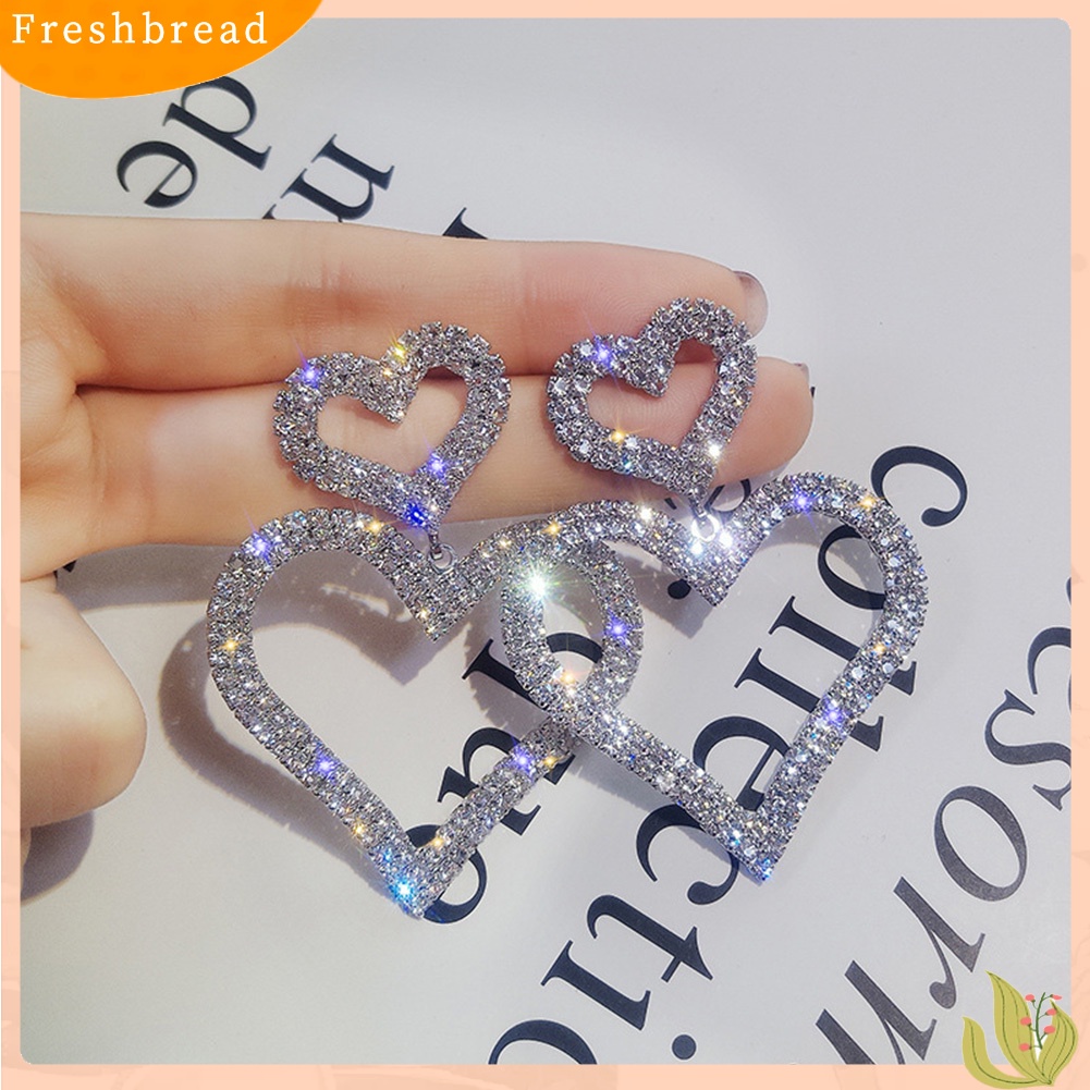 < Freshbread > Mewah Penuh Berlian Imitasi Berongga Ganda Cinta Hati Wanita Stud Earrings Perhiasan Hadiah