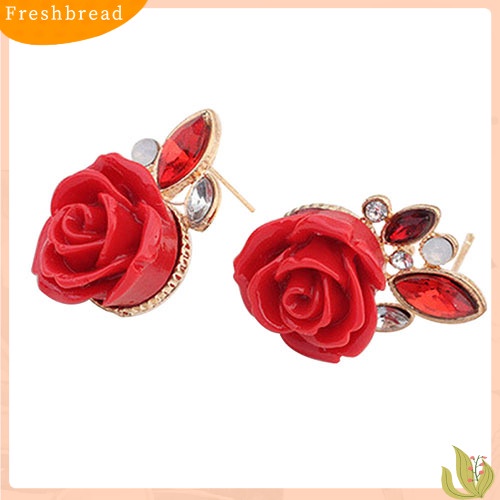 &lt; Freshbread &gt; Wanita Retro Elegan Bunga Mawar Berlian Imitasi Bertatahkan Telinga Studs Earrings Hadiah