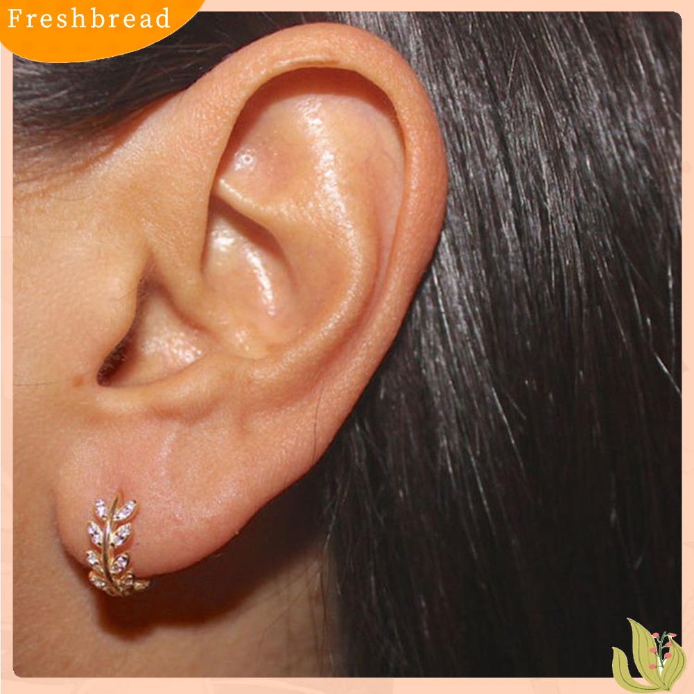 &lt; Freshbread &gt; Wanita Fashion Cubic Zirconia Hias Daun Menjuntai Huggie Earrings Piercing Perhiasan