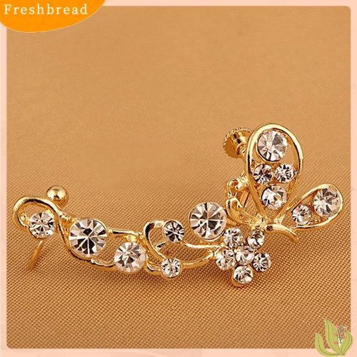 &lt; Freshbread &gt; Retro Faux Crystal Butterfly Flower Ear Cuff Stud Earring Clip on Untuk Telinga Kanan