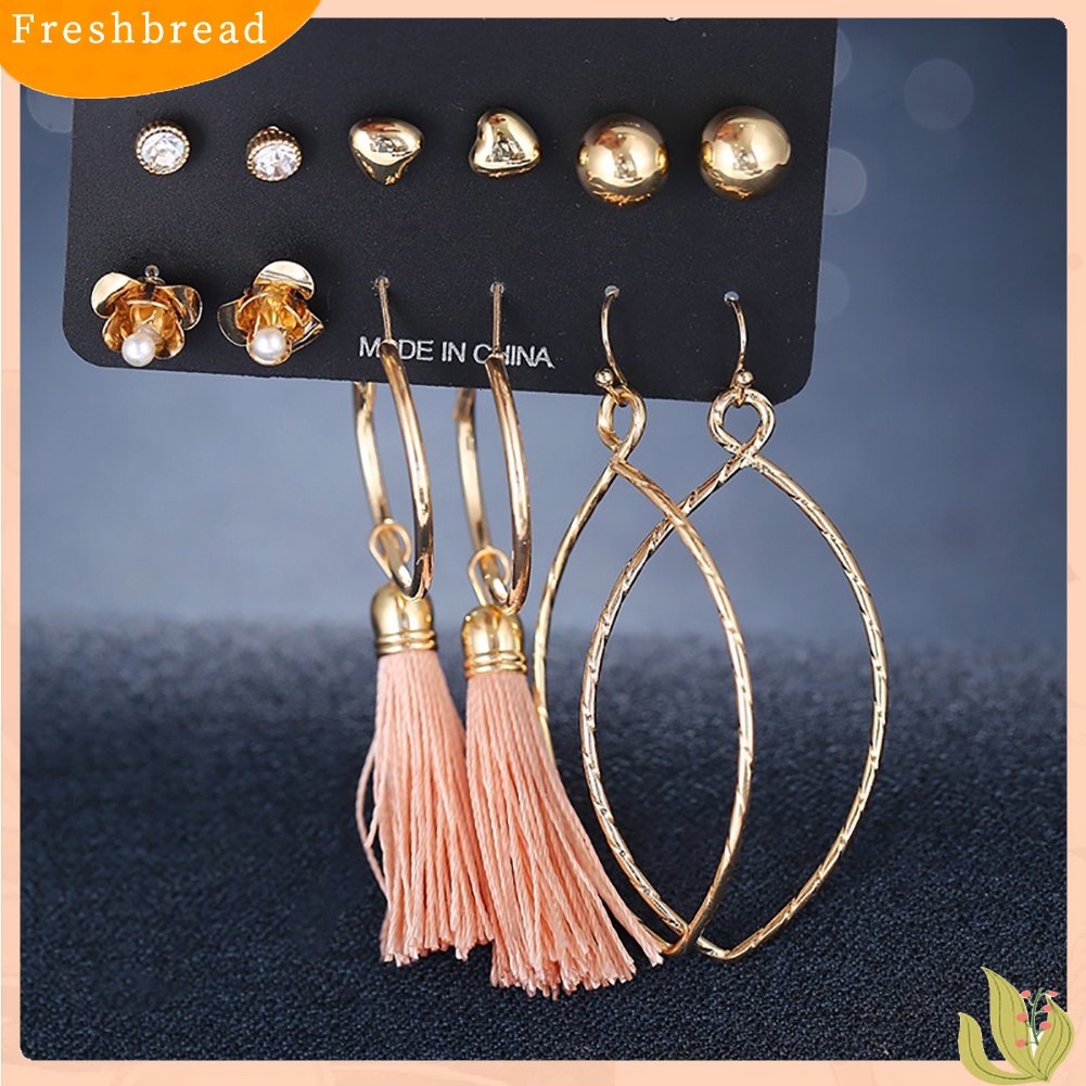 &lt; Freshbread &gt; 6pasang Fashion Bunga Daun Rumbai Hoop Wanita Ear Studs Menjuntai Kait Anting Set