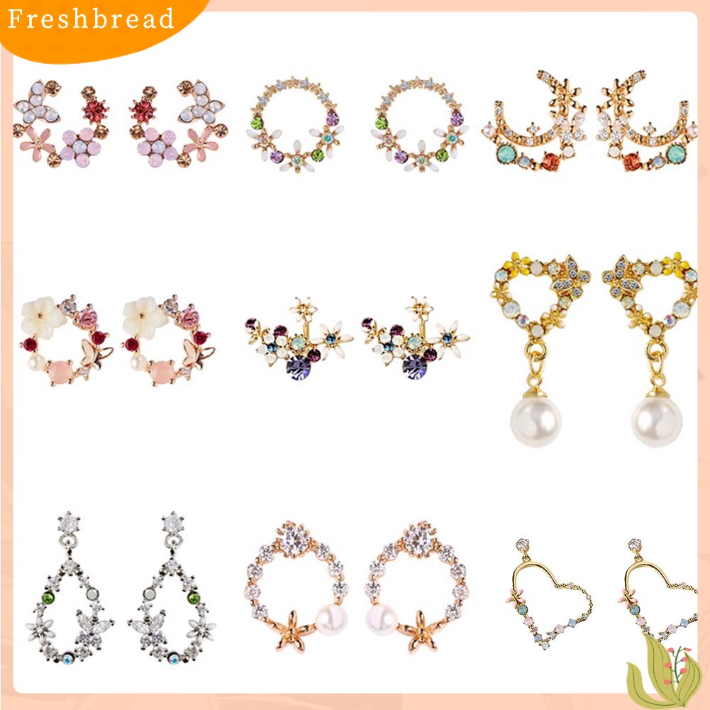 &lt; Freshbread &gt; Wanita Manis Berlian Imitasi Bunga Lingkaran Hati Menjuntai Telinga Stud Anting Perhiasan Hadiah