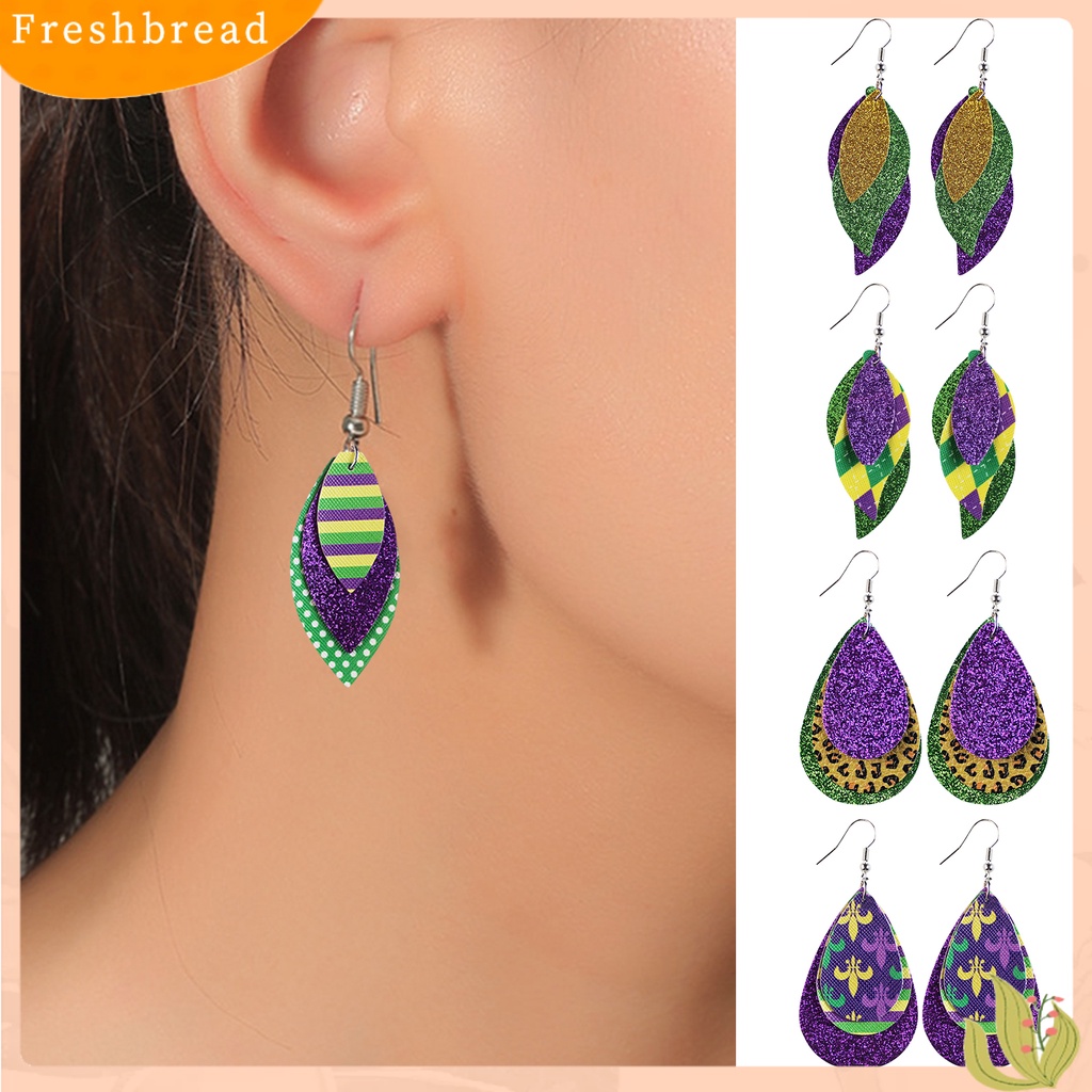 &lt; Freshbread &gt; 1pasang Anting Kait Warna-Warni Glitter Teardrop Berbentuk Daun 3lapisan Kulit Imitasi Menjuntai Anting Perlengkapan Karnaval