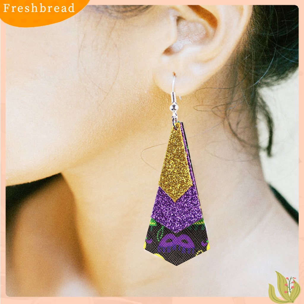 &lt; Freshbread &gt; 1pasang Anting Kait Warna-Warni Glitter Teardrop Berbentuk Daun 3lapisan Kulit Imitasi Menjuntai Anting Perlengkapan Karnaval