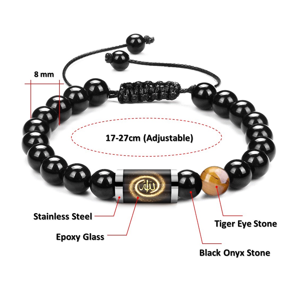 Gelang Tauhid Lafadz Allah Muhammad Batu Alam Asli Black Onyx Tiger Eye Tabung Kaca Stainless Steel Pria Wanita