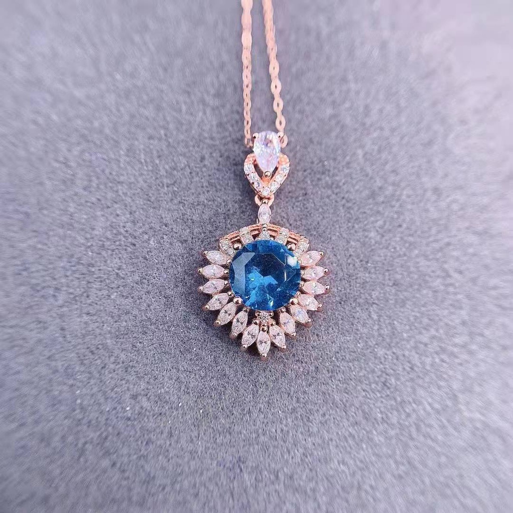 Goldkingdom Aksesoris Perhiasan Fashion Ready Stock Cahaya Mewah Premium Color Treasure Necklace Ocean Heart Necklace Plated With Rose Gold Natural London Blue Topaz Pendant