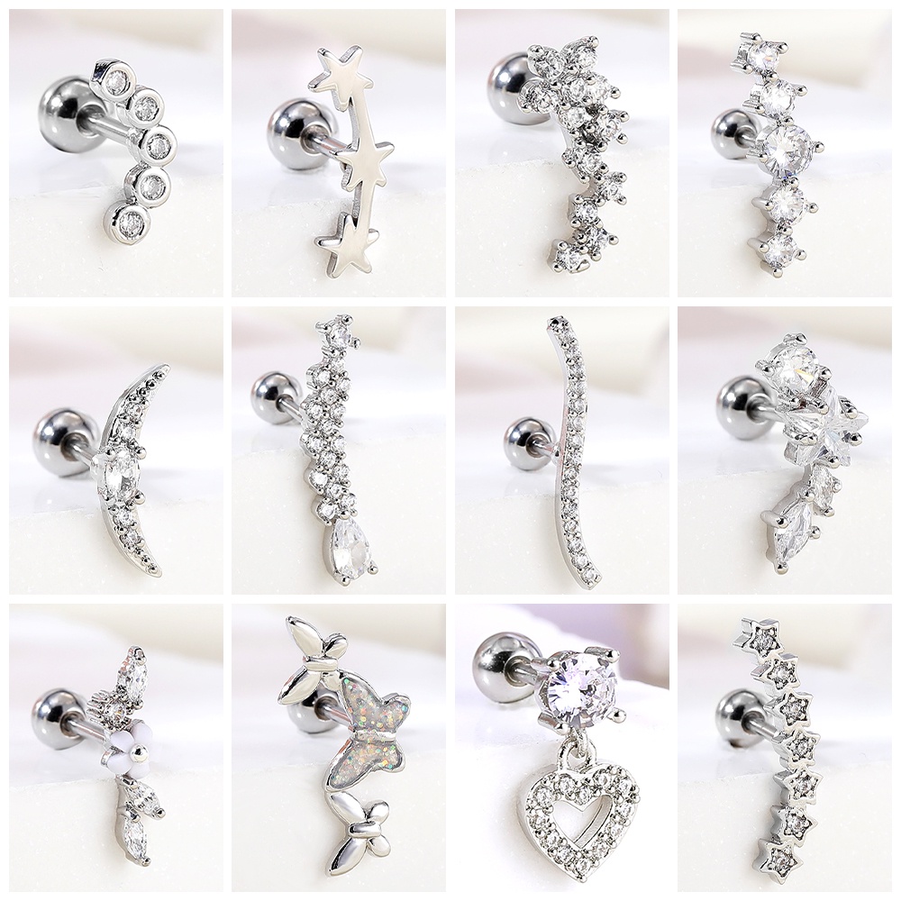 1pc Butterfly Stainless Steel Cartilage Stud Earrings Pink Heart Crystal Earring Bunga Telinga Stud Telinga Baris Helix Tragus Piercing