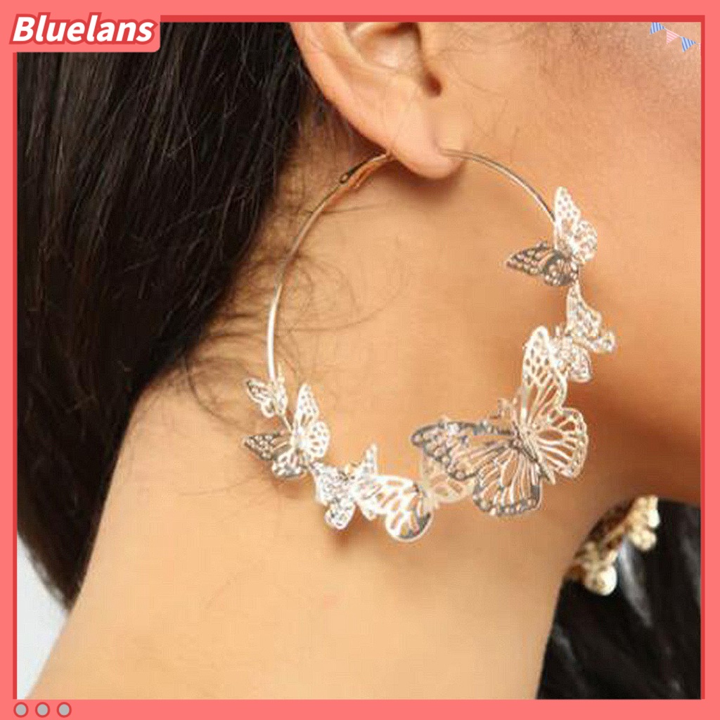 {In Stock} 1pasang Anting Hoop Vintage Geometris Berlebihan Berlian Imitasi Mengkilap Hias Dekorasi Hadiah 3D Berongga Keluar Kupu-Kupu Wanita Anting Lingkaran Untuk Perjamuan