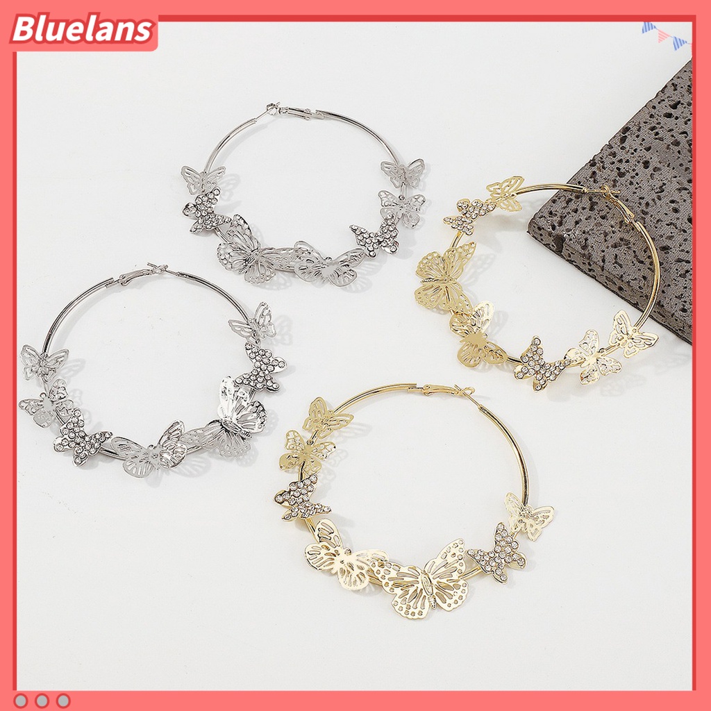 {In Stock} 1pasang Anting Hoop Vintage Geometris Berlebihan Berlian Imitasi Mengkilap Hias Dekorasi Hadiah 3D Berongga Keluar Kupu-Kupu Wanita Anting Lingkaran Untuk Perjamuan