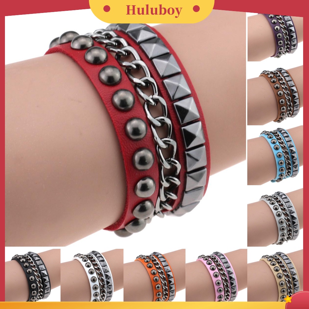 {Ready Stock} Gelang Rivet Punk Rock Lapis Wanita Bertabur Kulit Imitasi Rantai Logam Bangle