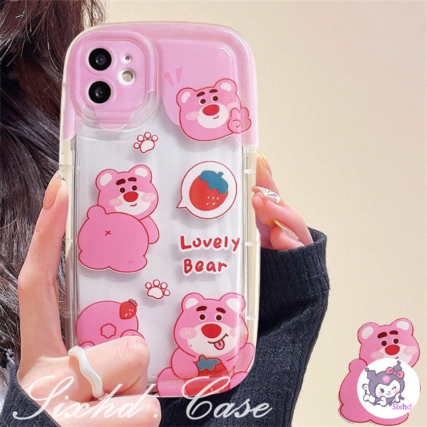 Untuk OPPO A77s A57 A54 A17 A16 A15 A12 A95 A96 A76 A78 A74 A53 A33 A32 A7 A3s A5s A5 A9 A94 A92 A52 F11 Reno 8T 6Z Pink Strawberry Bear Fashion AirBag Case Lembut Penutup Pelindung