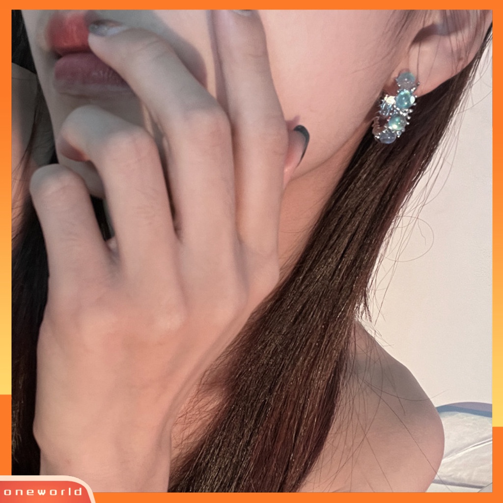 [OWR] 1pasang Ear Studs Bentuk Batu Permata Elegan Mengkilap Serbaguna Dress Up Alloy Manis Keren Gadis Moonstone Anting Perhiasan Fashion