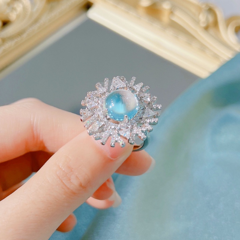 Goldkingdom Fashion Perhiasan Aksesoris Ready Stock Cahaya Mewah Angin Moonstone Pembukaan Cincin Kreatif Terang Laut Biru Starlight Kepingan Salju Cincin Perempuan