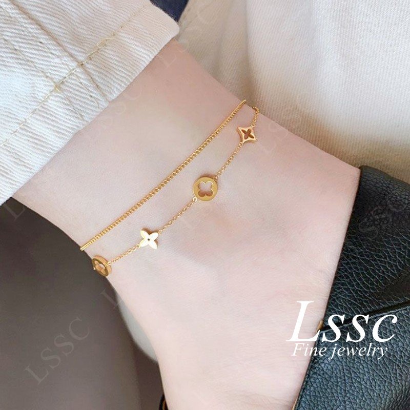Gelang Kaki Titanium Anti Karat 2 Layer Bunga Korea Cantik Keberuntungan Emas 18K Aksesoris Wanita Perhiasan Fashion