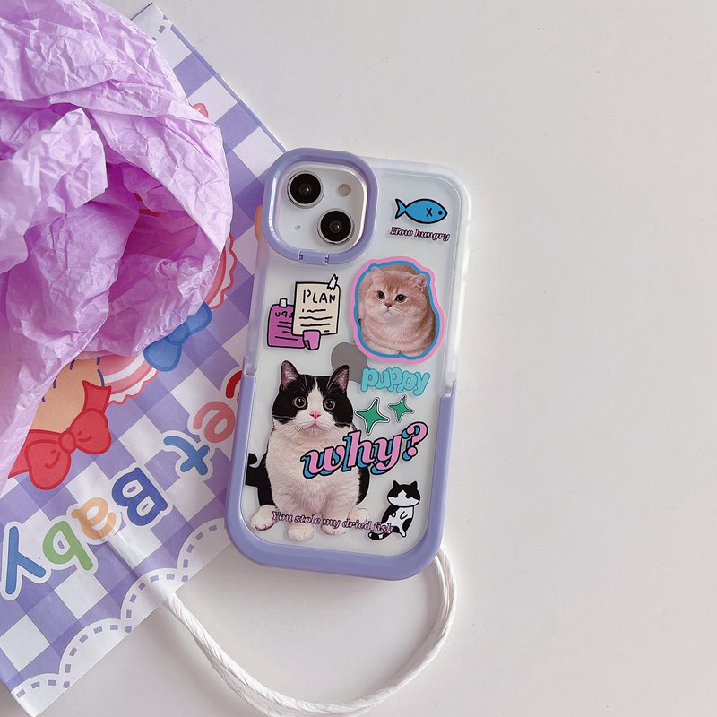 【2 Holder】Purple Cute Cat Soft Case iP iPhone X XR XS Max 11 12 13 14 + Plus Pro Max FTD Casing Apple