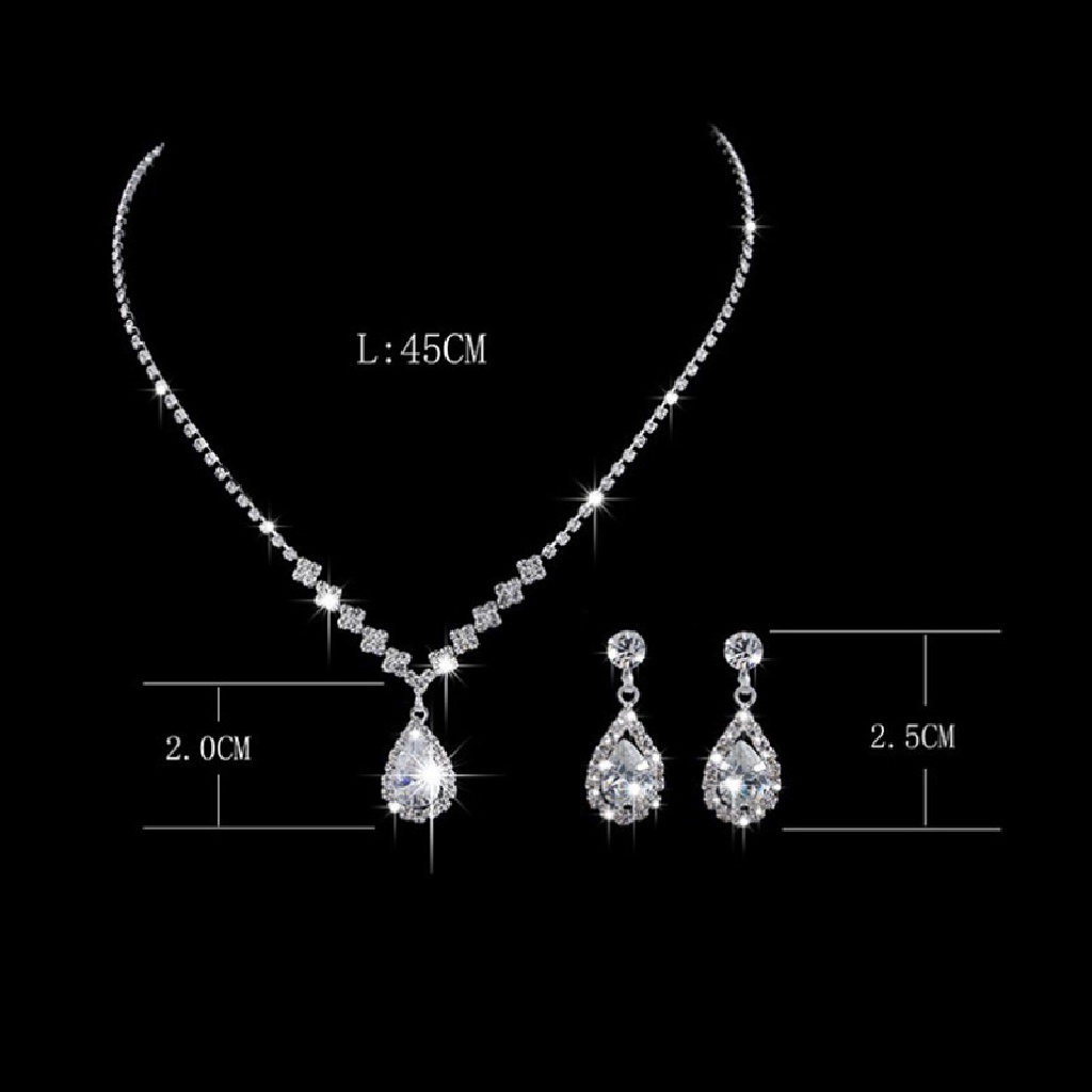 (hot) Vintage Kristal Tetesan Air Liontin Kalung Anting Perak Set Perhiasan Pernikahan//