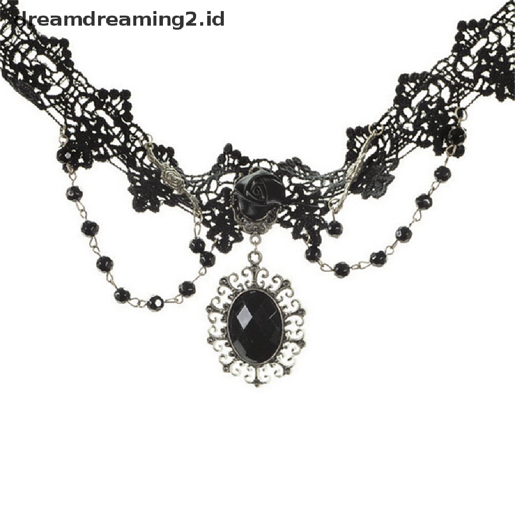 (hot) Fashion Lolita Gothic Hitam Bunga Mawar Renda Choker Kerah Kalung Beads Chain//