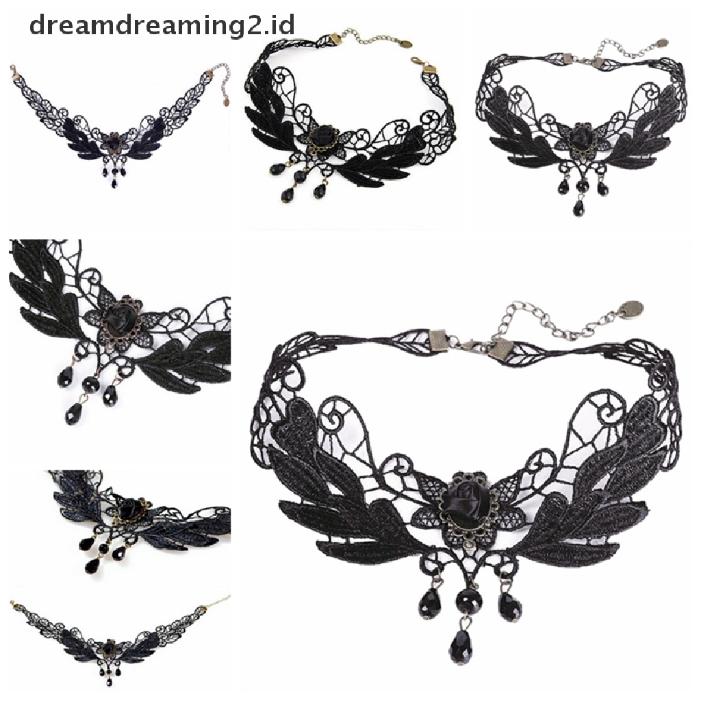 (hot) Baru Wanita Hitam Mawar Teardrop Manik Liontin Renda Choker Lolita Kerah Kalung//