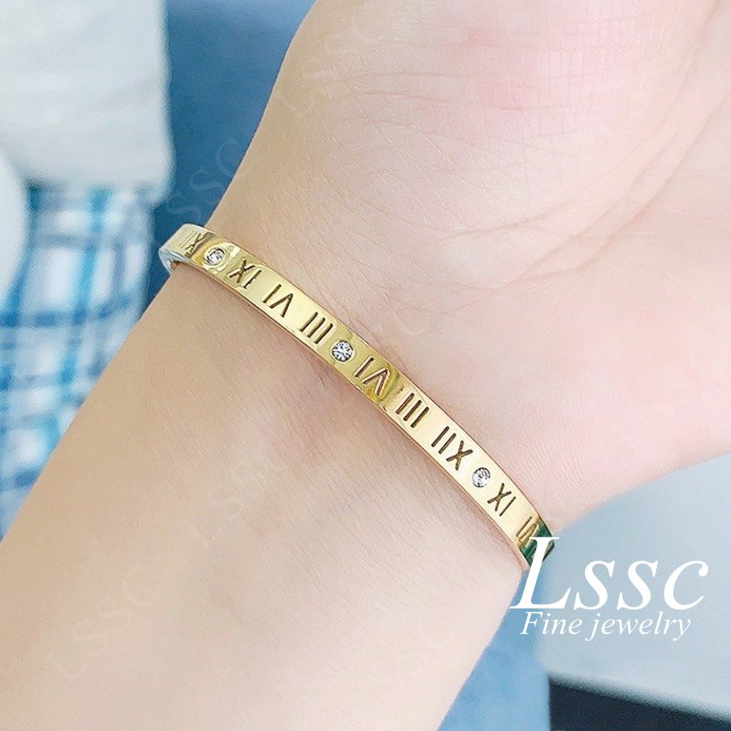 Gelang Titanium Wanita Anti Karat Berlian Emas 18K Romawi Elegan Korea Bangle Aksesoris Perhiasan Fashion