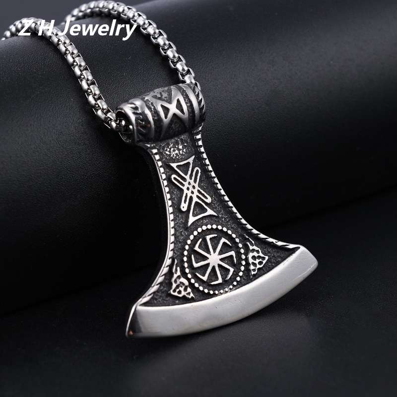 [Z H Perhiasan] Vintage Nordic Viking Myth Tomahawk Hip Hop Liontin Pria Dan Wanita Fashion Stainless Steel Kalung Punk Pesta Batu Baja Titanium Perhiasan Aksesoris