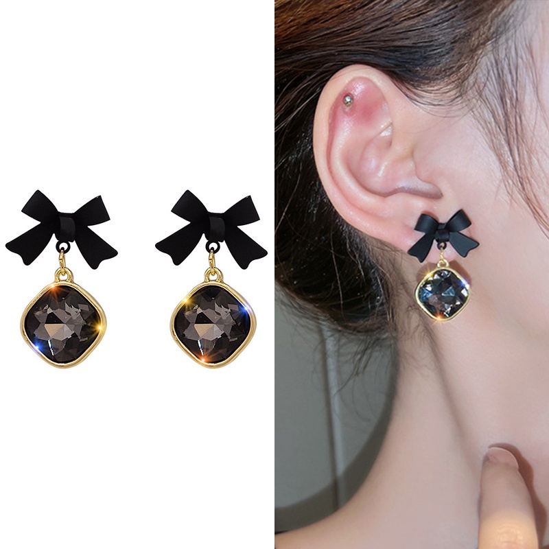 Jepang Korea Elegan Busur Hitam Temperamen Mode Berlian Imitasi Anting Mutiara