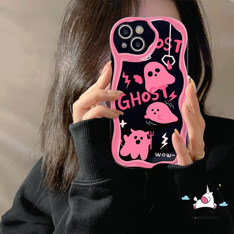 Casing Tpu Soft Phone Tepi Melengkung Bergelombang Kompatibel Untuk IPhone XR X7 8 6s 6 Plus 13 11 12 14 Pro Max XS Max SE 2020 3D Lucu Soul Ghost Glossy Pink Shockproof Cover