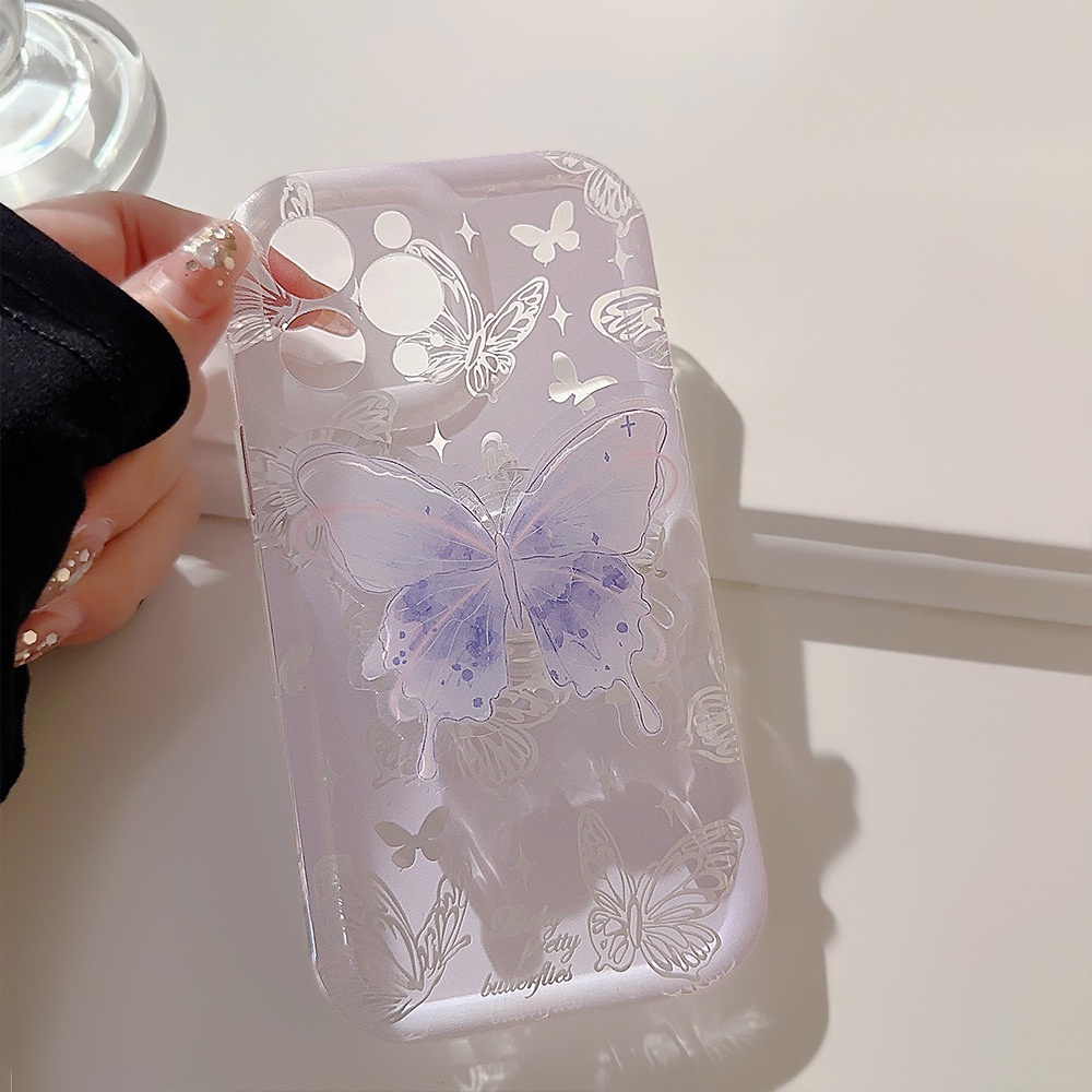 IPHONE Ungu Muda Berongga Keluar Transparan Peri Ponsel Case Cover Dengan Butterfly Holder Untuk Iphone11 12 13 14 PLUS PRO MAX Perlindungan Penuh Shell