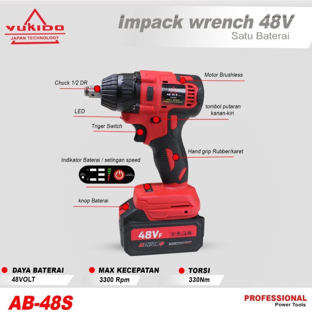 600Nm Mesin Cordless Impact Wrench 88V Bor Pembuka Dan Pengencang Baut Ban motor Mobil 88V 2 Baterai