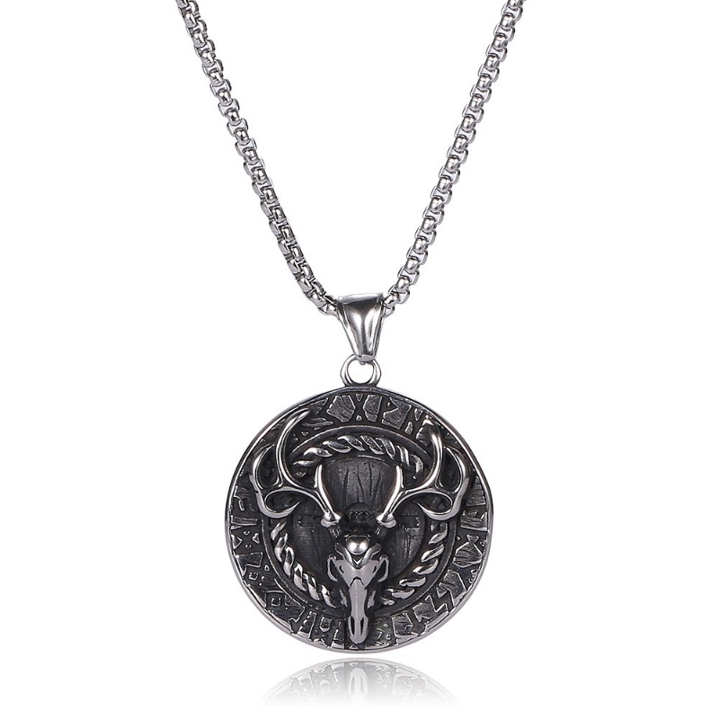 [Z H Perhiasan] Vintage Nordic Viking Hip Hop Elk Liontin Pria Fashion Stainless Steel Kalung Punk Pesta Perhiasan Aksesoris