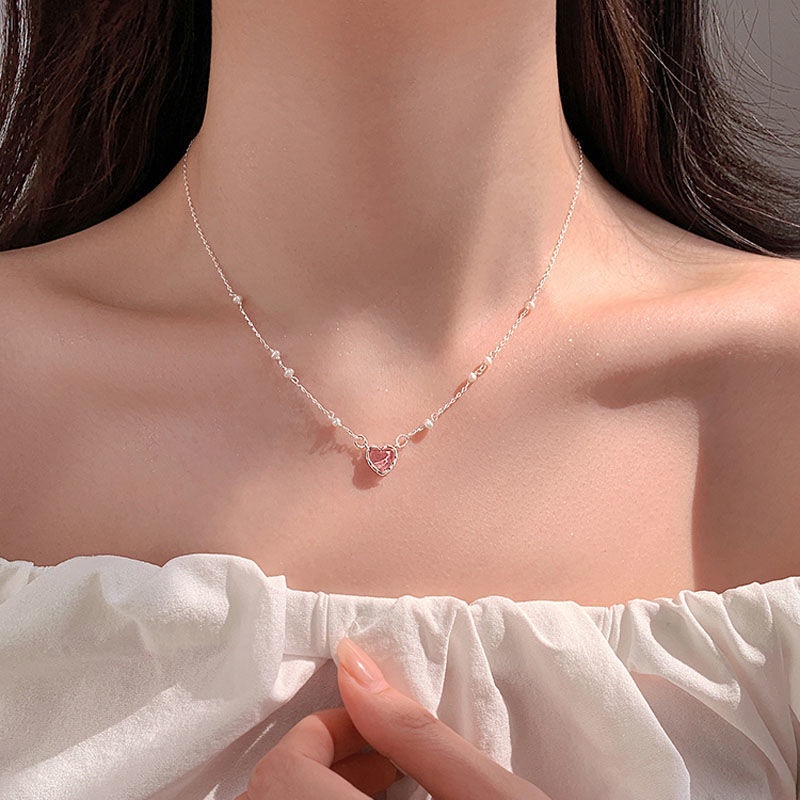 Ifyou Opal Kalung Liontin Hati Pink Kristal Mutiara Emas Rantai Choker Untuk Aksesoris Perhiasan Wanita