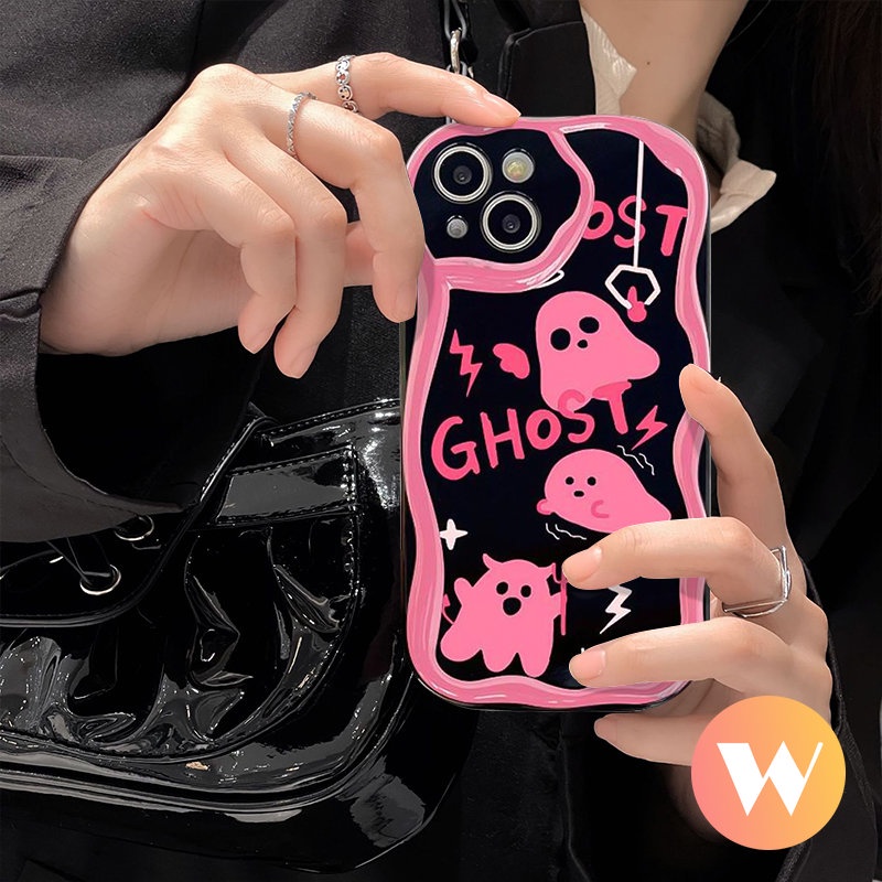 IPHONE Casing Ponsel Lucu Pink Soul Ghost Kompatibel Untuk Iphone7 8 6 6s Plus 11 13 12 14 Pro Max XR X XS Max SE 2020 3D Wavy Curved Edge Tpu Lembut Glossy Shockproof Cover