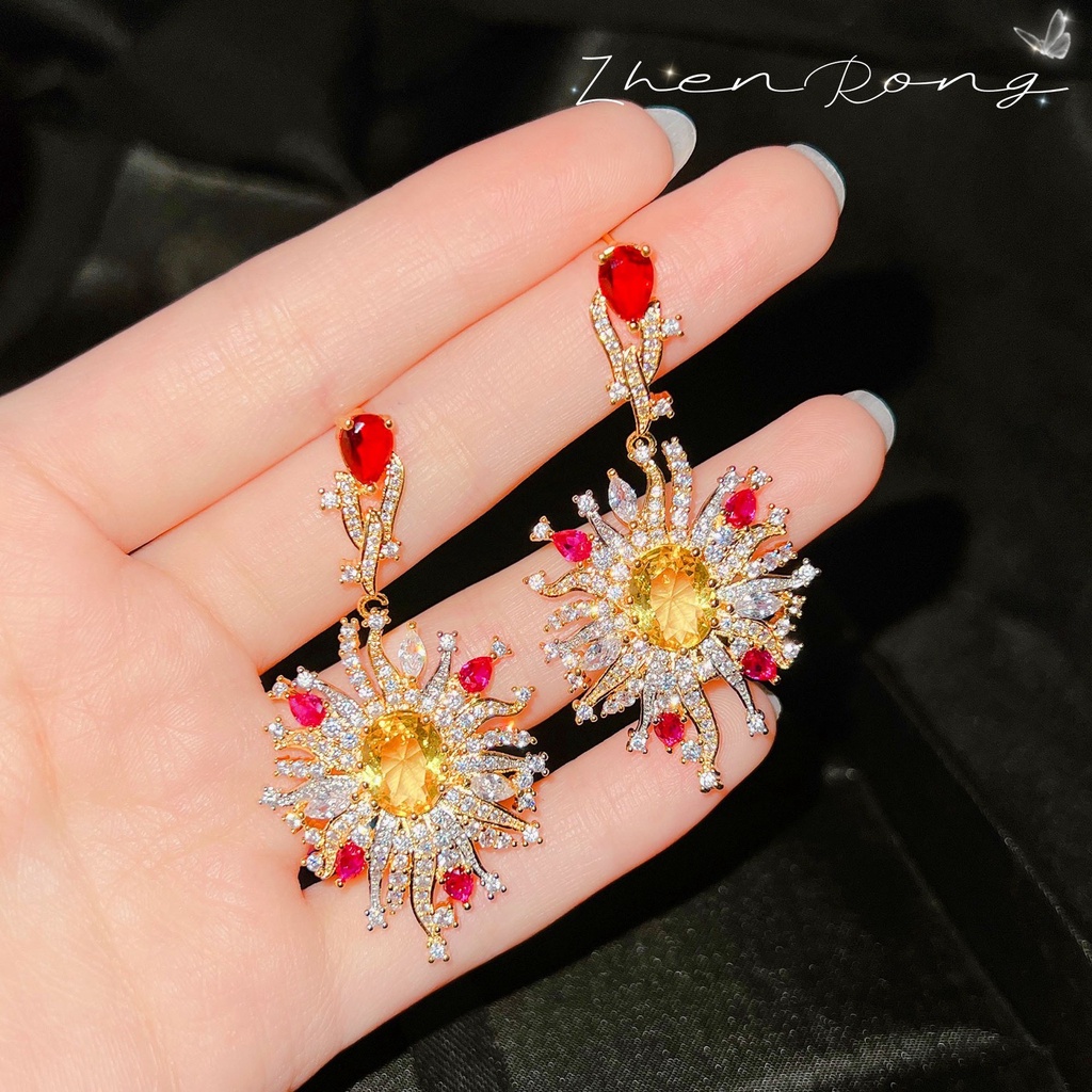 Goldkingdom Fashion Perhiasan Aksesoris Ready Stock French Vintage Full Diamond Bunga Matahari Berlian Kuning, Gaya Vintage Dewa Matahari Seni Desain Anting Panjang