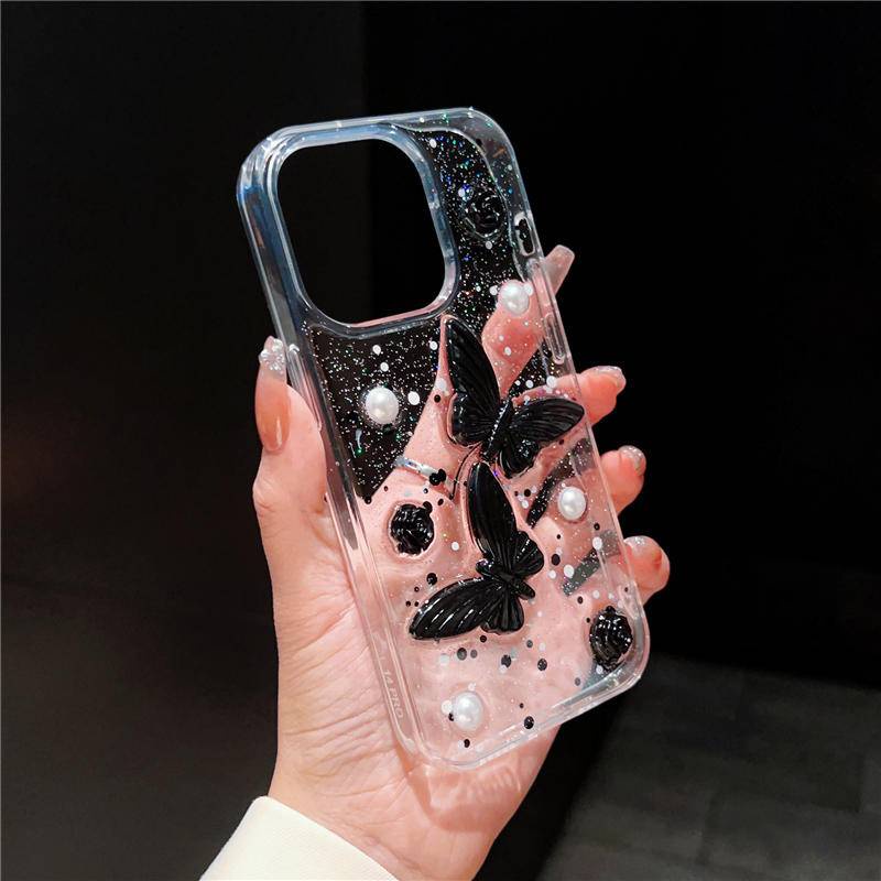 Shining Butterfly Rose Flower Epoxy Clear Phone Case Untuk Iphone14 13 12 11 Pro MAX Plus Cover Pelindung Silikon Mini Untuk iPhone X XS MAX XR 7 8 Plus SE 2022 2020