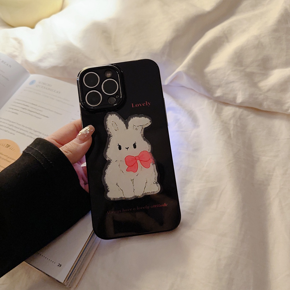 IPHONE Fluffy White Gentle Bunny Glossy Jelly Full Protection Phone Case Cover Dengan Holder Kelinci Untuk Iphone11 12 13 14 PLUS PRO MAX