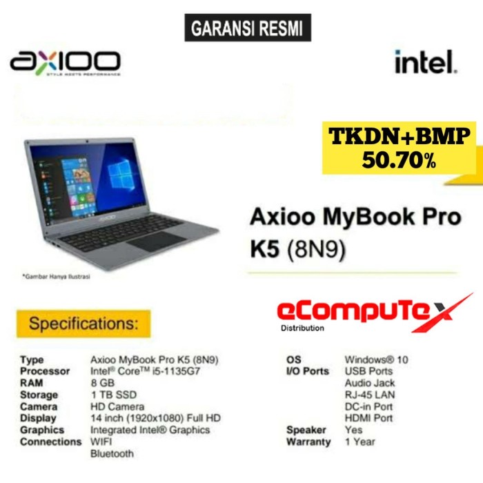 LAPTOP AXIOO MYBOOK PRO K5 (8N9-5) i5 8GB 1TB 14&quot;FHD IPS TKDN GARANSI RESMI