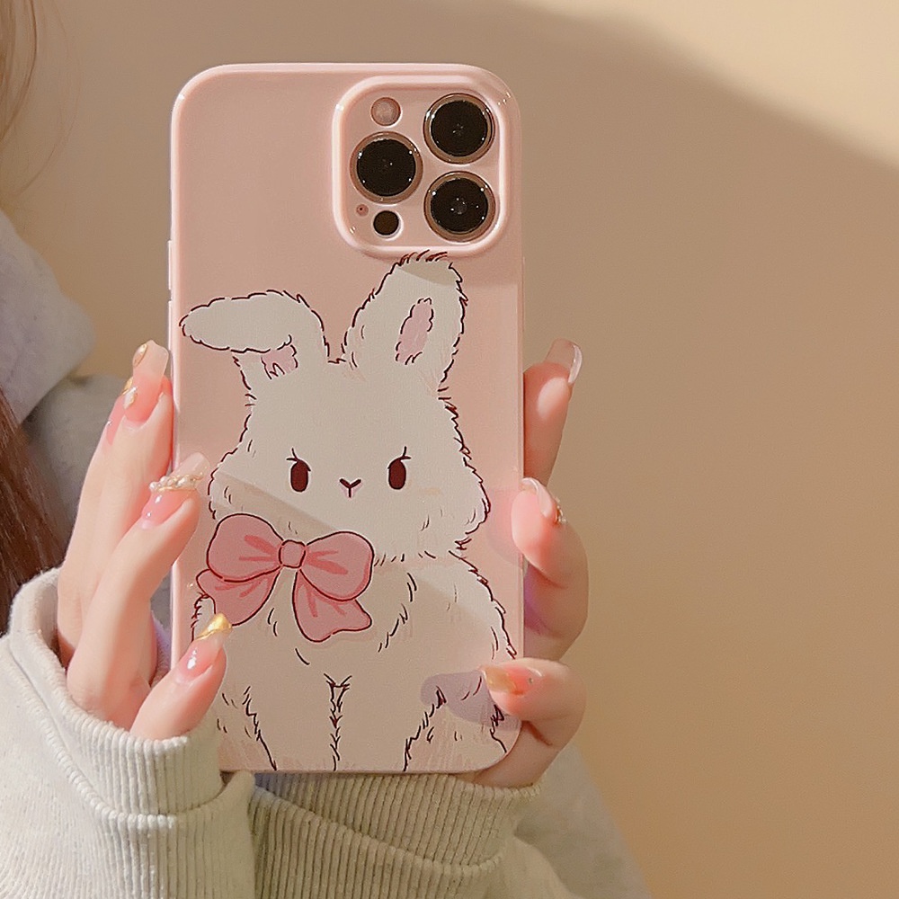 IPHONE Cute Pink Bunny Kelinci Perlindungan Penuh Lembut Casing Ponsel Cover Dengan DIY Berlian Imitasi Stiker Untuk Iphone11 12 13 14 PLUS PRO MAX
