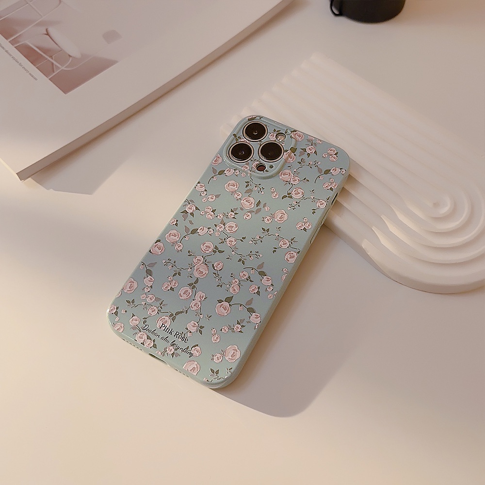 IPHONE Korea Hancur Pollen Pink Biru Hijau Roses Silicone Case Untuk Iphone14 11 12 13 PRO MAX Casing Cover Pelindung AT0169