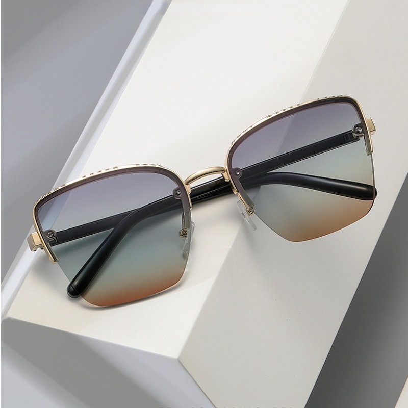 (YUZHU) Oversized Metal Half Rim Sunglasses Untuk Wanita Vintage Fashion Cat Eye Tiga Warna Gradient Sunglasses