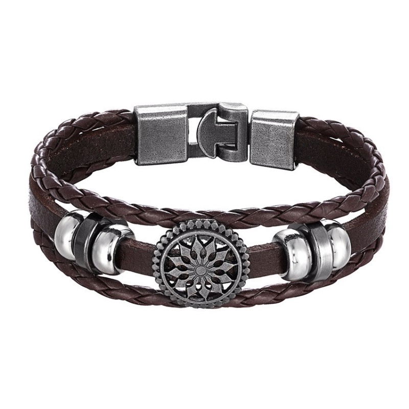 [X C Gelang] Baru Bunga Matahari Gelang Hitam Kulit Vintage Hip Hop Punk Gelang Kulit Lengan Manik-Manik Multi Layer Zinc Alloy Anyaman Gelang