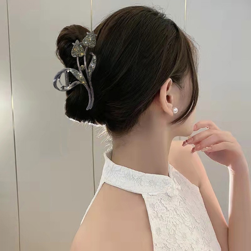 Roselife Korea Besar Berkilau Logam Tulip Rambut Cakar Klip Untuk Wanita Perempuan Chic Besar Bentuk Bunga Hair Clamp Jepit Jepitan Ponytail Holder Hair Styling Aksesoris