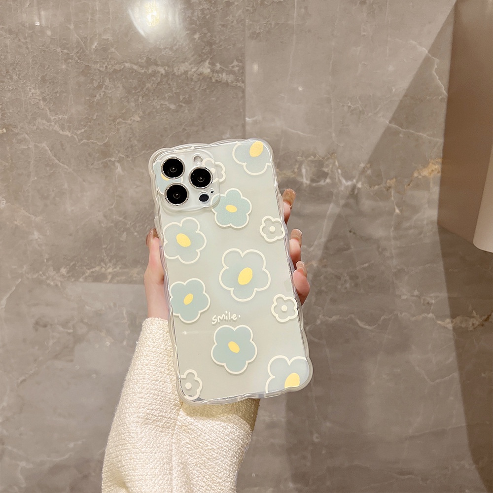 IPHONE Biru Muda Doodle Bunga Transparan Berbentuk Gelombang TPU Soft Phone Case Cover Untuk Iphone7 8 PLUS X XR XS 11 12 13 14 MINI PRO MAX SE 2020