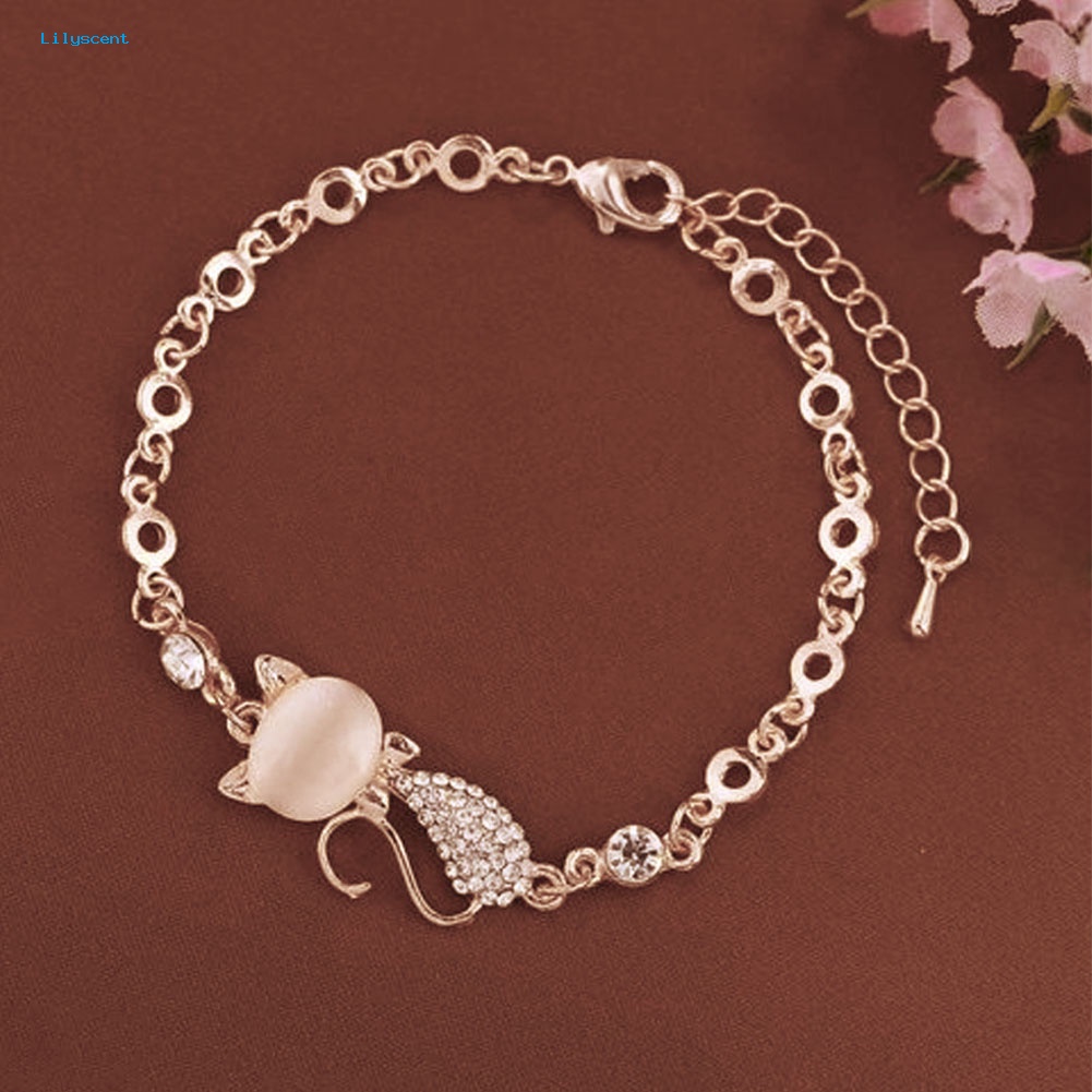 Lilyscent Fashion Bentuk Kucing Imitasi Opal Berlian Imitasi Hias Pesona Lady Bangle Gelang Perhiasan