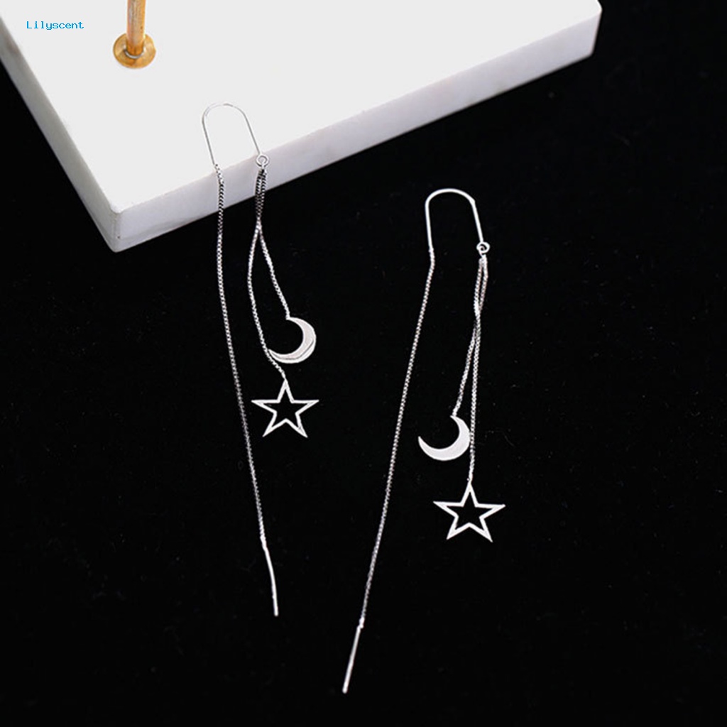 Lilyscent 1pasang Anting Linear Ringan Perhiasan Aksesoris Bulan Bintang Liontin Wanita Linear Earrings Warna Perak