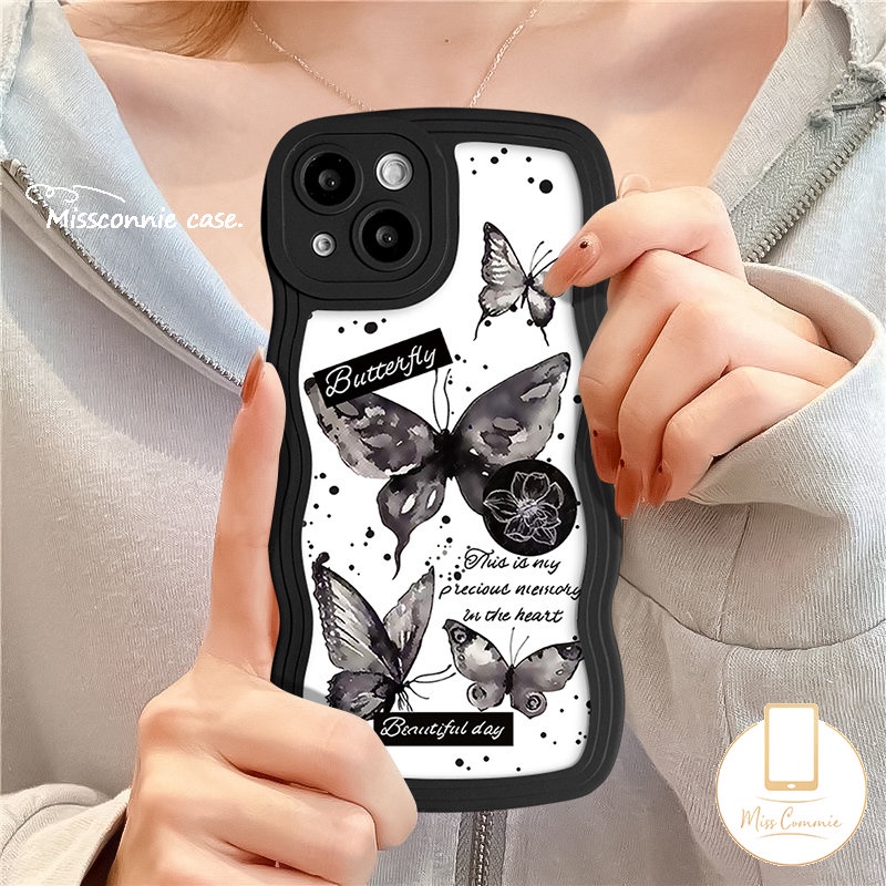 IPHONE Art Fashion Vintage Black Fantasy Flower Butterfly Case Kompatibel Untuk Iphone11 Pro Max 7Plus 13 11 14 12 Pro Max XR 6s 7 8 6 14 Plus X XS Max SE 2020 Wavy Edge Tpu Soft Cover