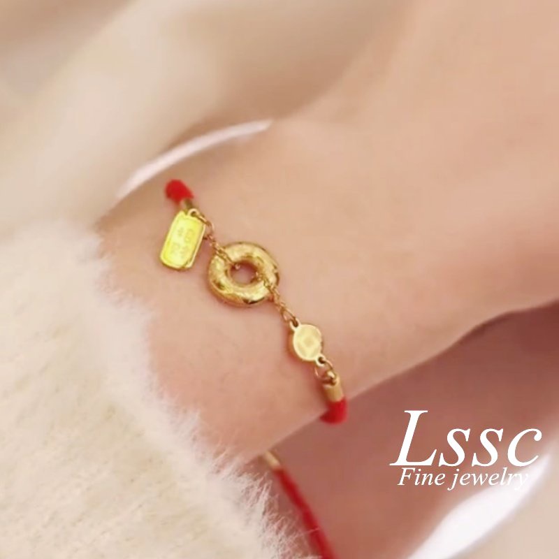 Gelang Tali Titanium Wanita Anti Karat Emas 18K Bulat Merah Keberuntungan Aksesoris Perhiasan