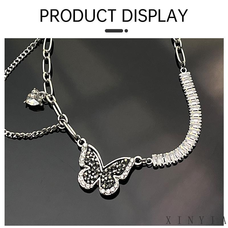 【Bayar di tempat】Kalung Rantai Choker Desain Kupu-Kupu Hati Rumbai 17KM Bahan Zirkon Warna Hitam Untuk Wanita